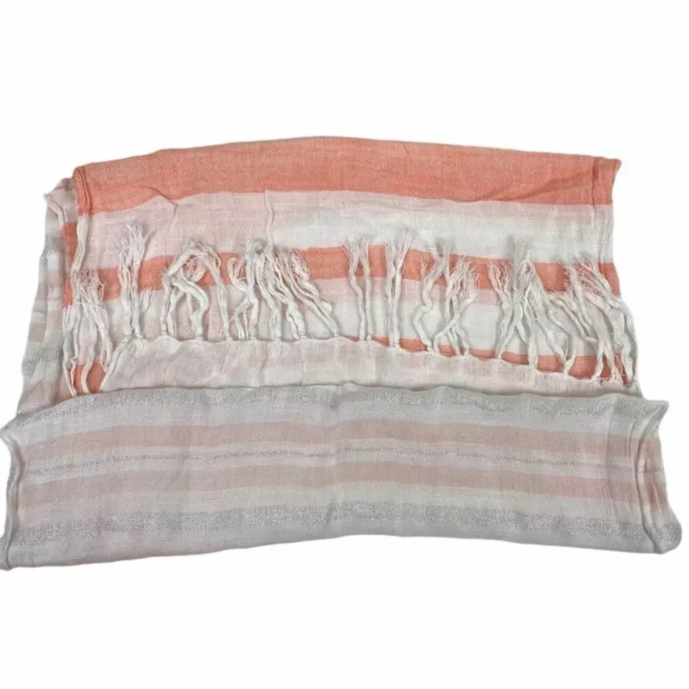Orange White Silvery Striped Fringe Scarf L68